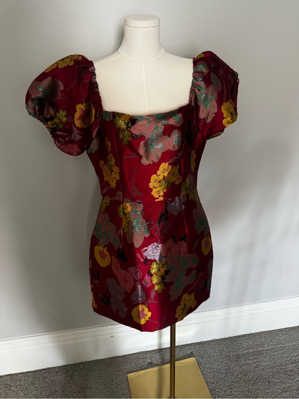 Lulu's Red Floral Puff-Sleeve Mini Dress with Yellow Accents